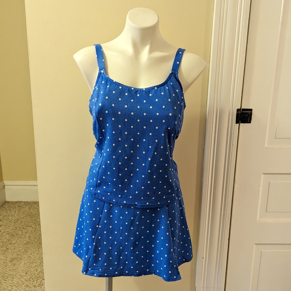 Vintage Suit Yourself blue with white flowers two piece swim suit size 16